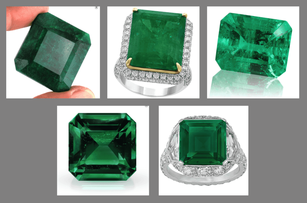 various emeralds, with and without enhancements